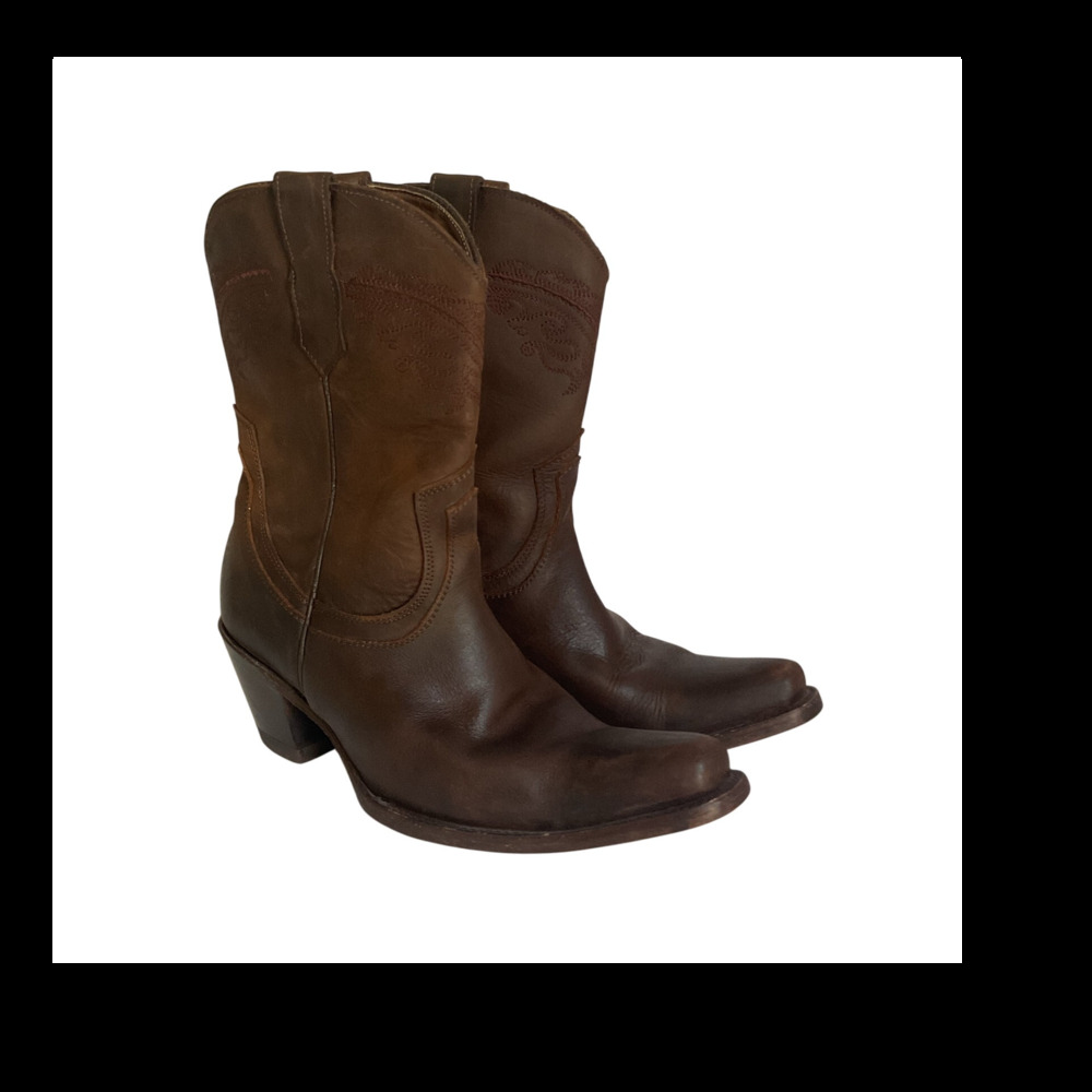 Vintage Brown Leather Cowboy Boots Women Size 8.5 Western Mid Calf Embroidered